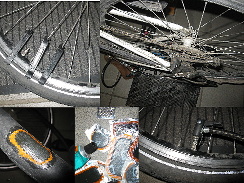 Abb. zeigt mehrere Fotos von einem Rad und Schlauch welches repariert wird.