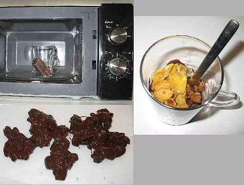 Abb. von Microwelle und Schokolade und Glasbehälter mit Cornflakes