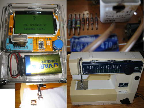 Abb. zeigt ein Messgerät und die Platine und die Nähmaschine